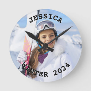 Black and White Curved Text Family Photo Round Clock