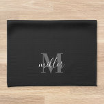 Black and White Custom Family Name Monogram Tea Towel<br><div class="desc">Custom-designed modern black kitchen hand towel featuring personalised family name monogram in modern hand calligraphy.</div>