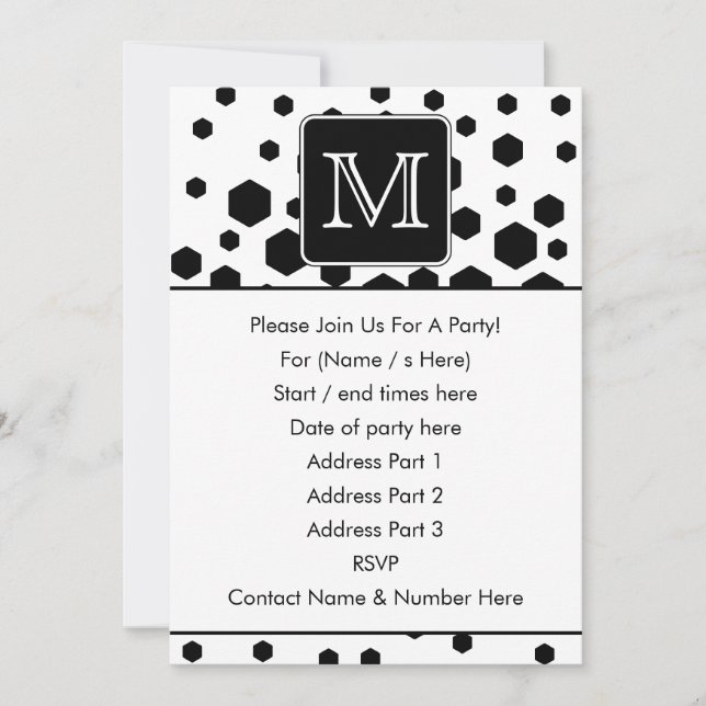 Black and White Custom Monogram. Hexagon Dots. Invitation (Front)
