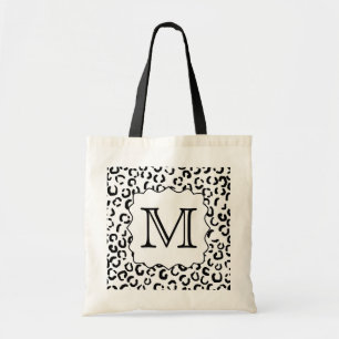 Black and White Custom Monogram Leopard Print. Tote Bag
