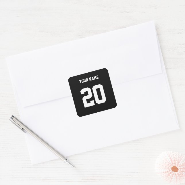 Black and White Custom Number and Name Square Sticker (Envelope)