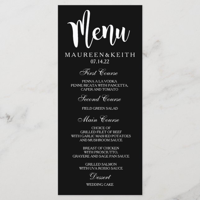 Black and White Custom Wedding Dinner Menu Card (Front)