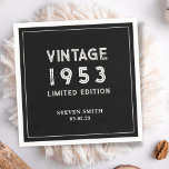 Black and White Custom Year 1953 70th Birthday  Napkin<br><div class="desc">Vintage Black and White Custom Year 1953 40th 50th 60th 70th Birthday Napkins Personalised |
Happy 40th 50th 60th 70th 80th Birthday Napkins | 
Personalise these napkins with custom text.
You could change the background colour as well.</div>