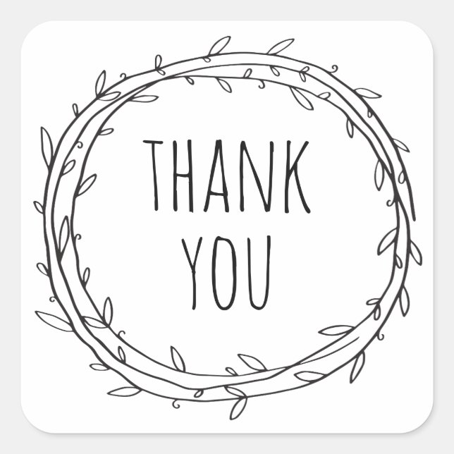 Black and white cute botanical wedding thank you square sticker (Front)
