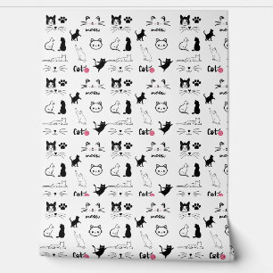 Black And White Cute Cats And Paws Illustrations Wallpaper