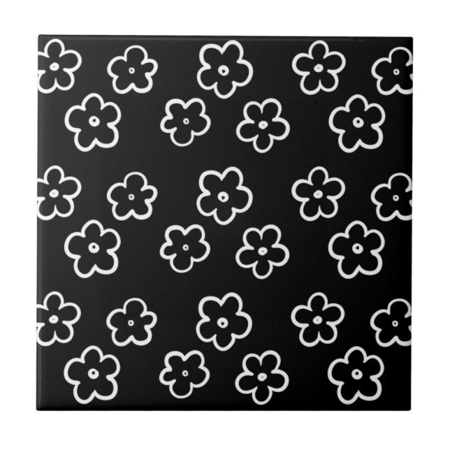 Black and White Cute Flower Y2K Pattern Ceramic Tile (Front)
