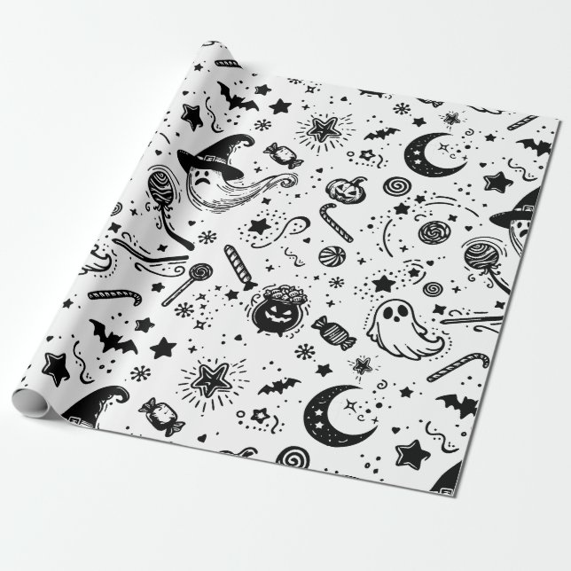 Black And White Cute Halloween Line Art Wrapping Paper (Unrolled)