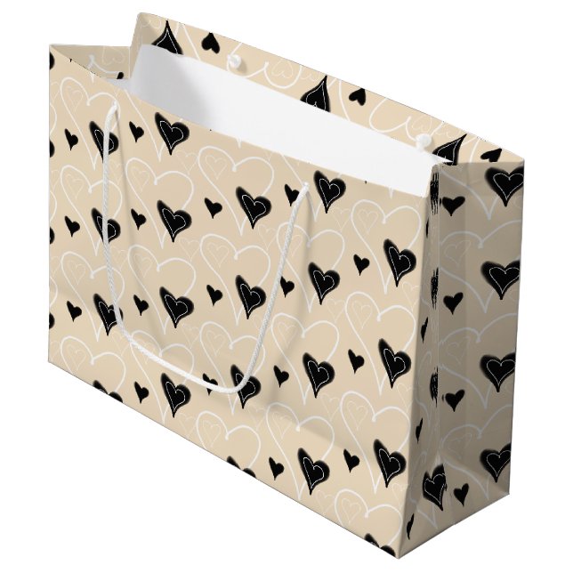Black And White Cute Hearts Pattern Large Gift Bag (Front Angled)