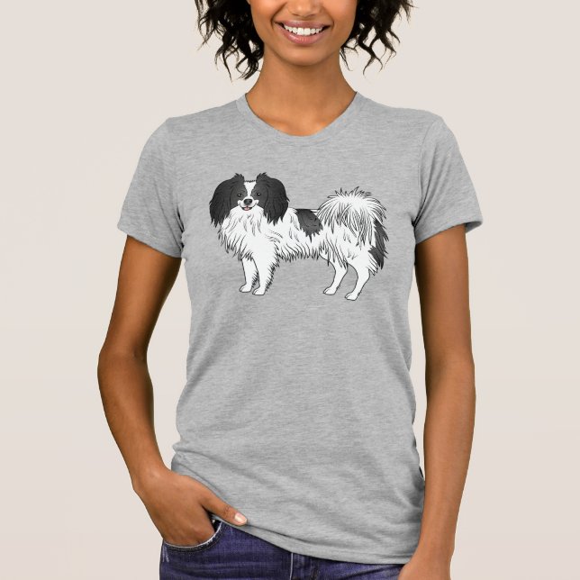 Black And White Cute Phalène Dog With Smiling Face T-Shirt (Front)