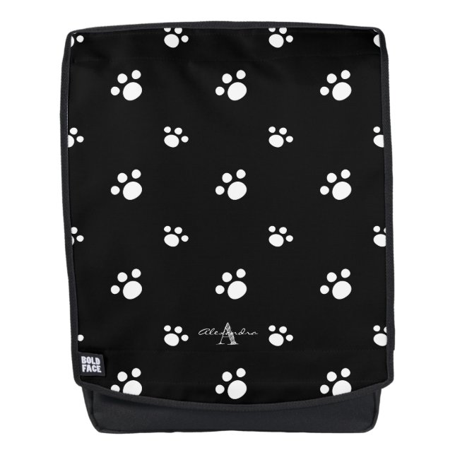 Black And White Cute Puppy Dog Paw Print Monogram Backpack (Front)