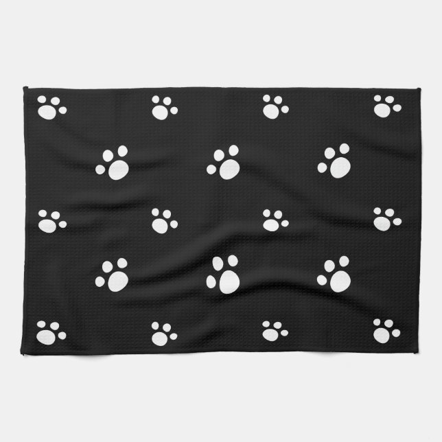 Black And White Cute Puppy Dog Paw Print Pattern Tea Towel (Horizontal)