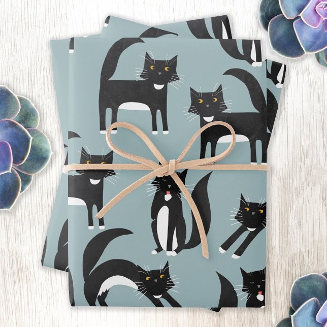Black and White Cute Tuxedo Kitty Cats Pattern Wrapping Paper Sheet (Black and white tuxedo cat patterned gift wrap paper)
