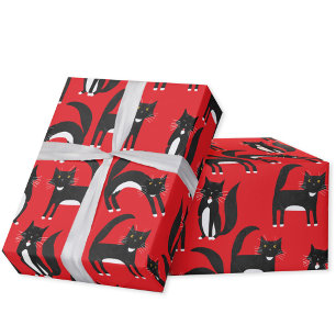 Black and White Cute Tuxedo Kitty Red Pattern Wrapping Paper