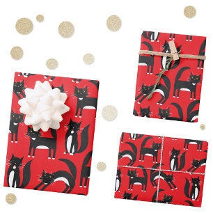 Black and White Cute Tuxedo Kitty Red Pattern Wrapping Paper Sheet