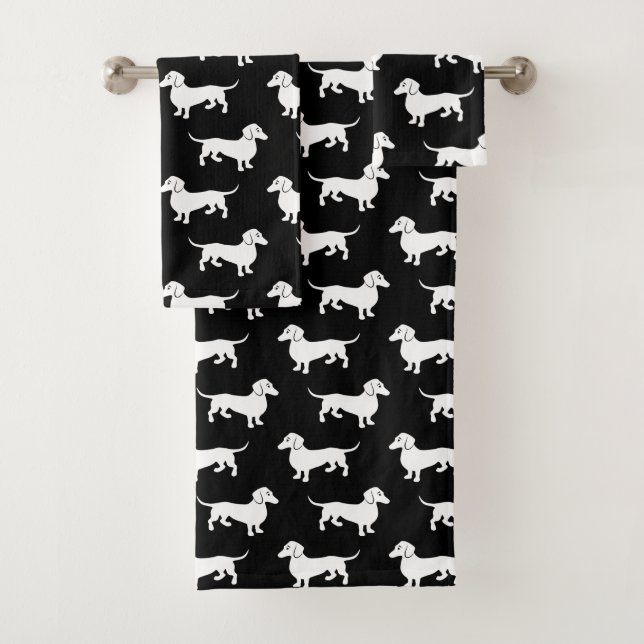 Black and White Dachshund Doxie Pattern Bath Towel Set (Insitu)