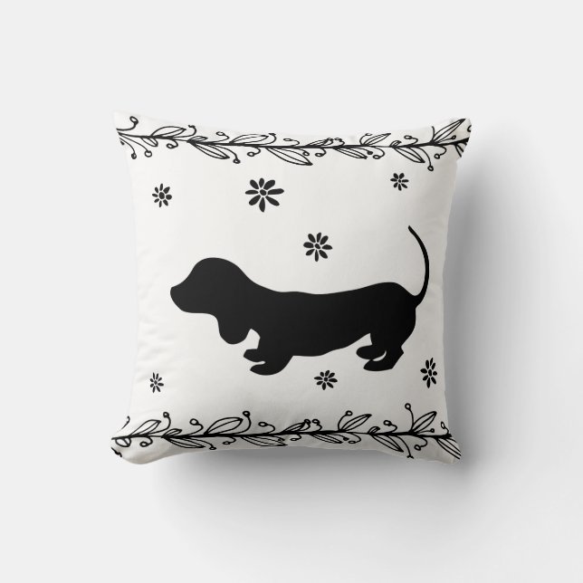 Black and White Dachshund Silhouette Throw Pillow (Front)