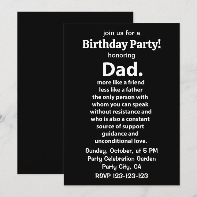 Black and White Dad Daddy Quote Birthday Party Invitation (Front/Back)