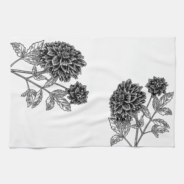 Black and White Dahlia Tea Towel (Horizontal)