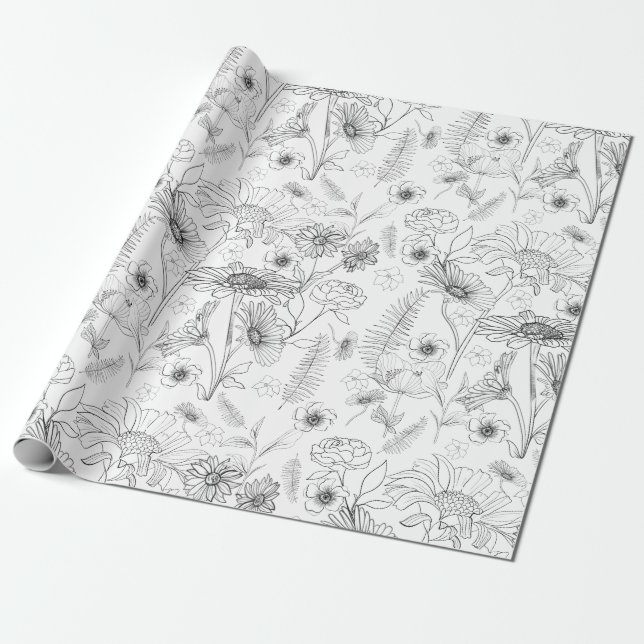 Black and white daisies floral garden pattern wrapping paper (Unrolled)
