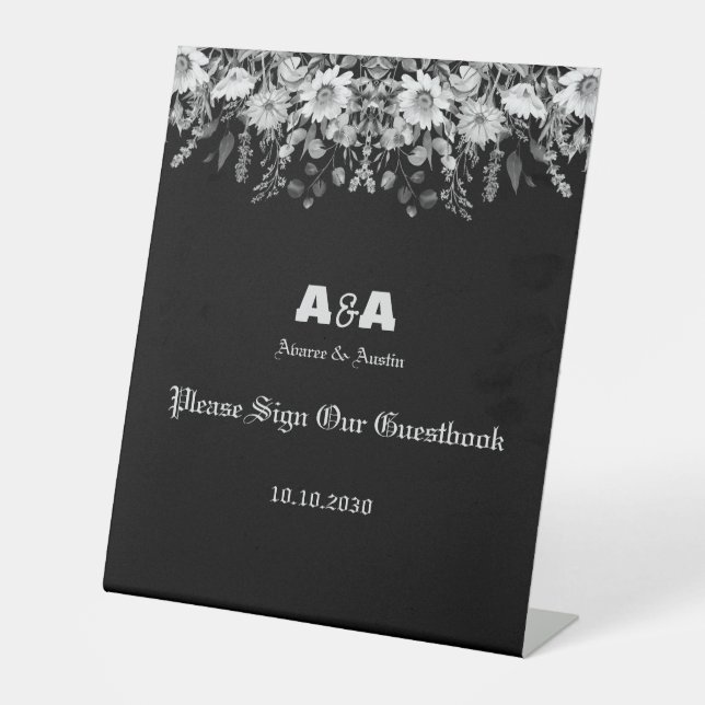 Black and White Daisy Border Wedding Sign Our Book (Front)