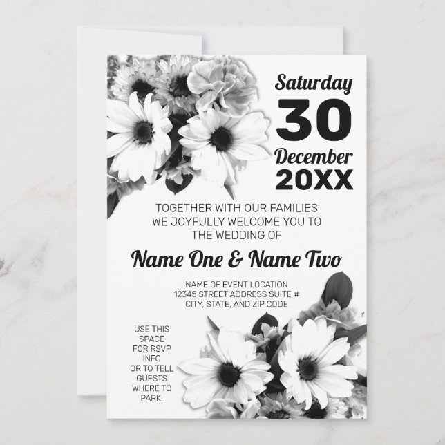 Black and White Daisy Flowers Chic Floral Wedding Invitation (Front)