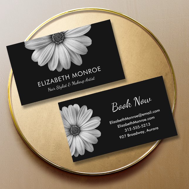Black and White Daisy Hair Stylist Makeup Salon Business Card (Creator Uploaded)