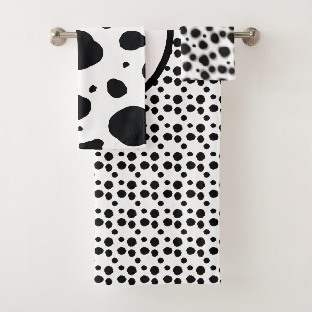 black and white dalmatian cute dots monogram  bath towel set (Insitu)