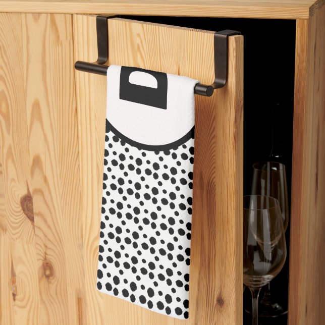 black and white dalmatian cute dots monogram  tea towel (Thirds Fold)