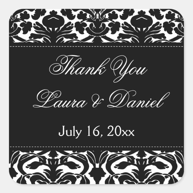 Black and White Damask 1.5" Thank You Sticker (Front)