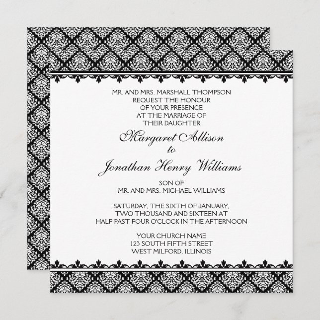 Black and White Damask 1 Invitation (Front/Back)
