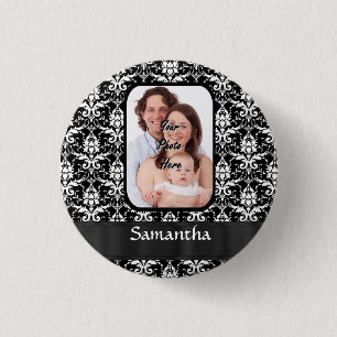 Black and white damask 3 cm round badge