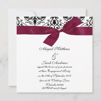Black And White Damask And Burgundy Ribbon Invitation