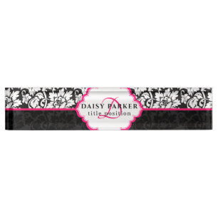 Black And White Damask And Pink Frame Nameplate