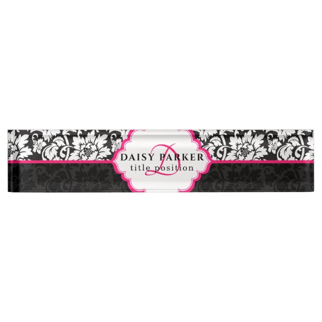 Black And White Damask And Pink Frame Nameplate (Front)