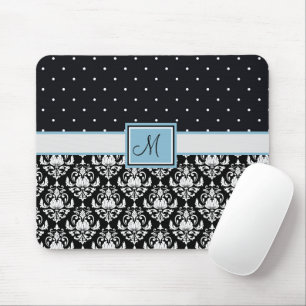 Black and White Damask and Polka Dots Monogrammed Mouse Pad