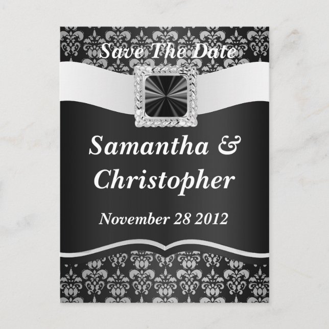 Black and white damask announcement postcard (Front)