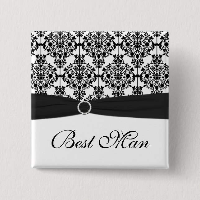 Black and White Damask Best Man Pin (Front)