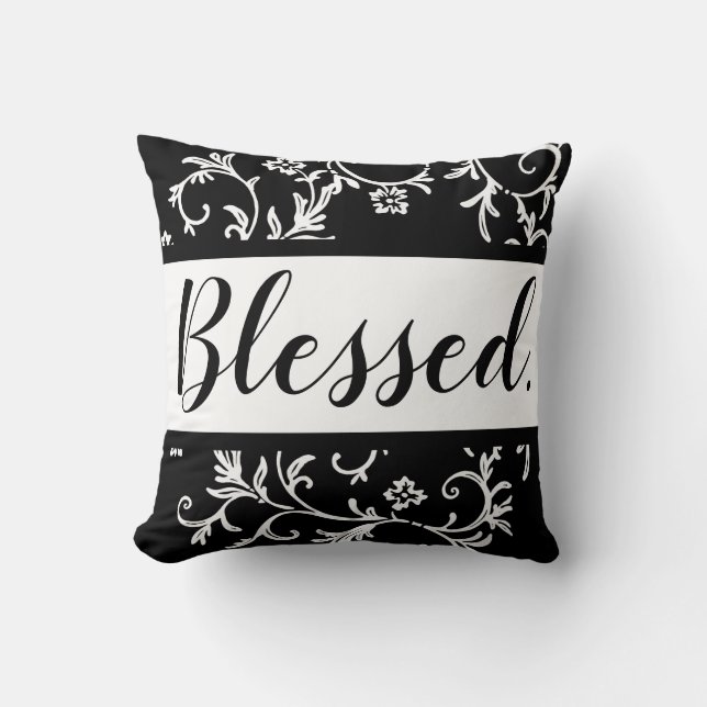 Black and White Damask Blessed Christian Cushion (Front)
