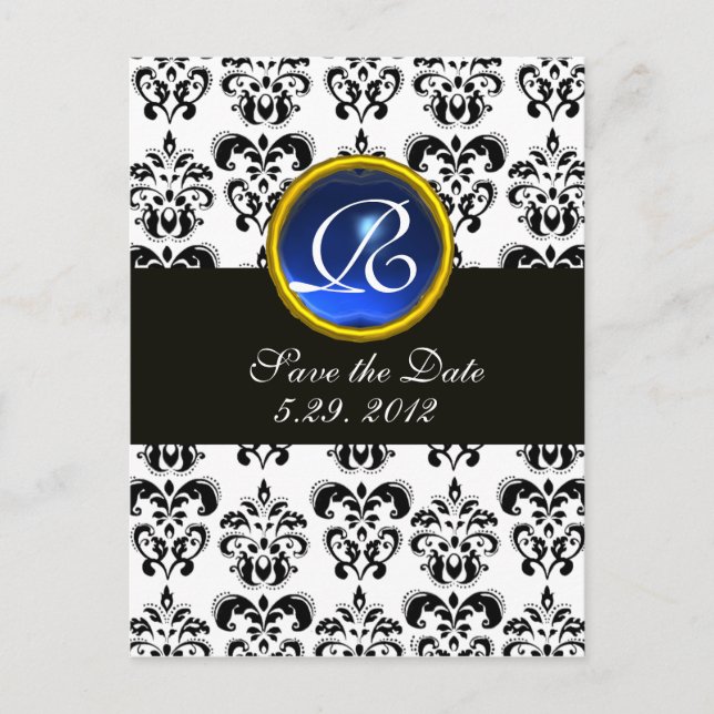 BLACK AND WHITE DAMASK BLUE SAPPHIRE MONOGRAM ANNOUNCEMENT POSTCARD (Front)