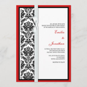 Black and White Damask Bow Wedding Invitation