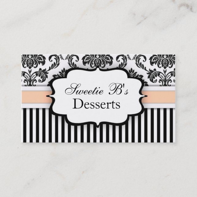 Black and White Damask Business Card with Peach (Front)