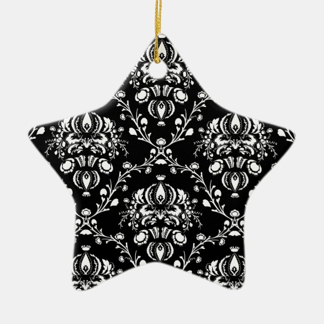 Black and White Damask Ceramic Ornament (Front)