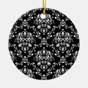Black and White Damask Ceramic Ornament