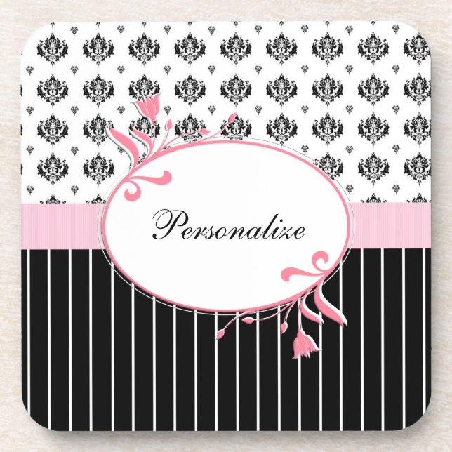 Black And White Damask Chic Pink Floral With Name Coaster (Front)