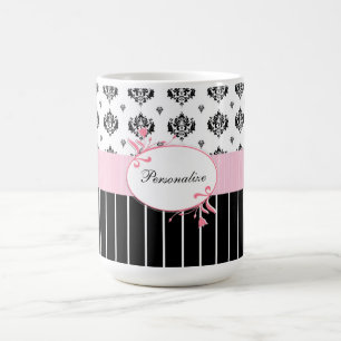 Black And White Damask Chic Pink Floral With Name Coffee Mug