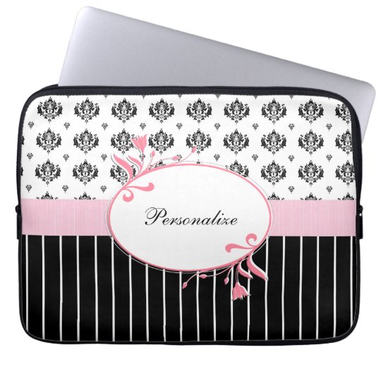 Black And White Damask Chic Pink Floral With Name Laptop Sleeve