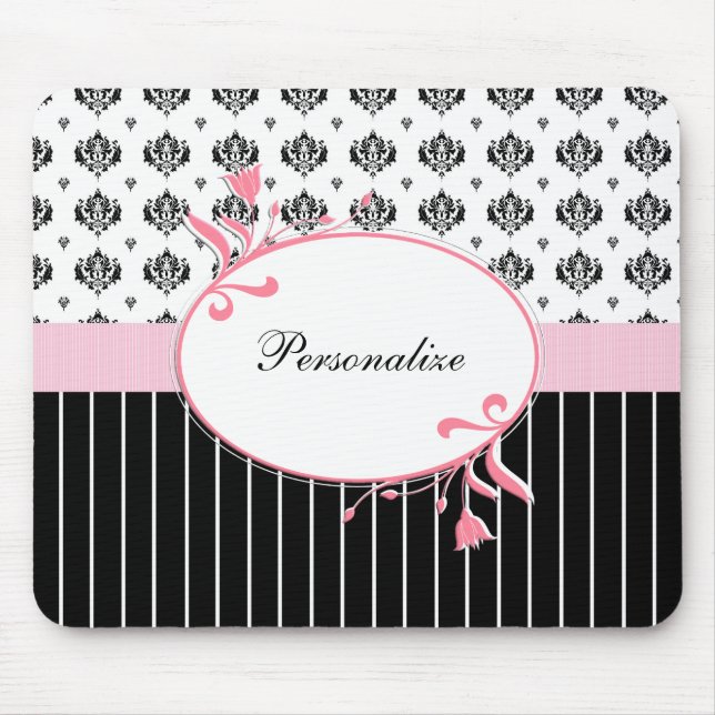 Black And White Damask Chic Pink Floral With Name Mouse Pad (Front)