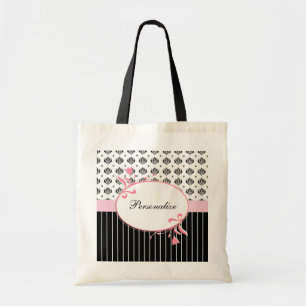 Black And White Damask Chic Pink Floral With Name Tote Bag