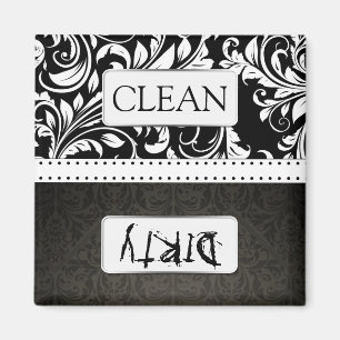 Black and White Damask Clean / Dirty Dishwasher Magnet