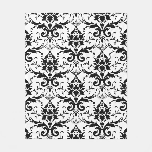 Black and White Damask Design Fleece Throw Blanket (Front)